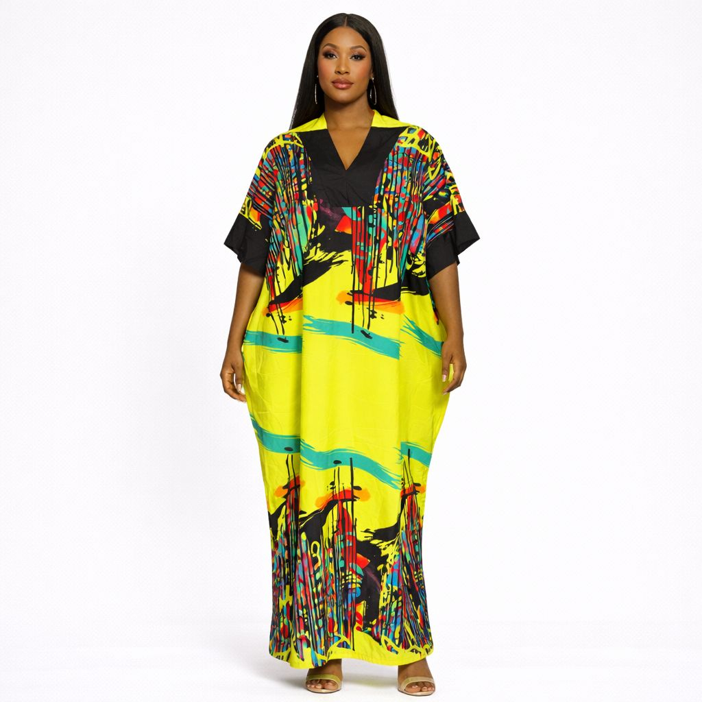 Yellow Abstract Print Kaftan Maxi Dress
